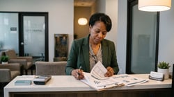 Front desk administrator reviewing financial reports at a dental practice, warm office lighting 
