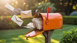 Orange mailbox with mail flowing in demonstrating direct mail marketing for dental practices