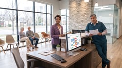 Front-desk team member reviewing morning schedule at a modern dental practice reception desk