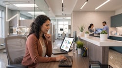 Practice owner at front desk reviewing patient acquisition data on a laptop in a modern dental reception area