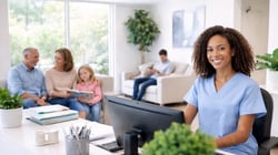 Modern dental office waiting room with streamlined staff and happy patients