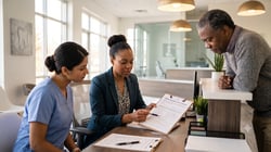 Dental office manager reviewing compliance training documents with two staff members at a front desk workstation