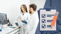 Two dentists looking at dental x-ray software on desktop on the left with a checklist on the right