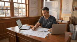 Dentist reviewing floor plans and laptop in an office with construction blueprints in the background.