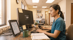 Front desk coordinator reviewing a tablet at a cluttered dental office reception desk with mixed fluorescent and window lighting.