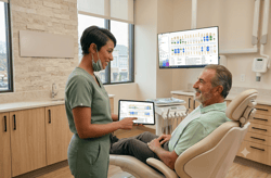 A smiling dental professional holds a tablet and points to a digital chart while talking with a patient seated in an exam chair.