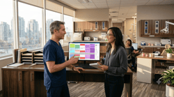 Dental practice owner and office manager discussing multi-location practice management software and scheduling on a desktop monitor