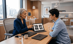 A dentist explaining dental X-ray imaging on a tablet to a patient during a consultation in a modern dental office.
