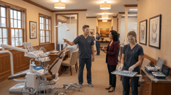 Dental office coordinator and manager reviewing a printed metrics sheet at the front desk during a morning huddle