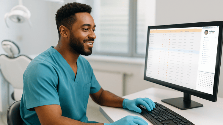 Dental Hygienist using Curve Dental Software for Automated Insurance Verification