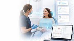 Dentist and Patient with High-Tech Ambient AI Software around. Laptop showing Curve AI Powered Charting