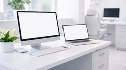 Bright, modern dental office with two computer workstations and blank monitors on a clean desk.