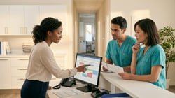 Dental team reviewing morning schedule at front desk before the first patient appointment of the day.