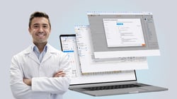 Smiling Dentist (left) Curve Dental new Ambient listening on desktop showing features (right)