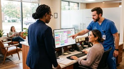Dental office manager reviewing workflows on monitor with assistant and receptionist at front desk