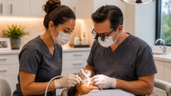 Dental assistant and dentist collaborating chairside in a modern dental operatory