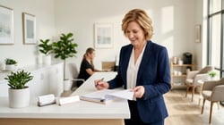 Dental practice owner reviewing documents at a modern, well-organized front desk reception area