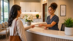 Dental front desk team member warmly greeting a patient at a modern practice reception desk