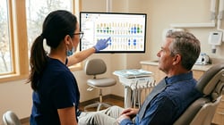 Dental hygienist reviewing a digital Curve Dental chart on a monitor with a patient in a modern operatory