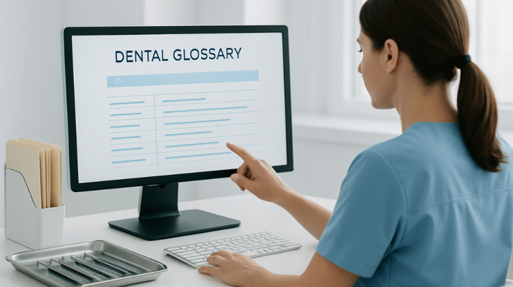 Dentist Reviewing Dental Glossary on Desktop