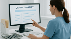 Dentist Reviewing Dental Glossary on Desktop