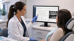 dentist and patient in dental clinic, dentist showing patient charting data using Curve Dental software
