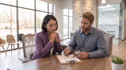 Two dentists reviewing dental growth plan on clipboard