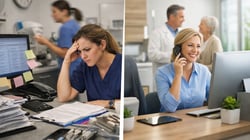 Split Image: Left showing a stressful dental work environment, and right image showing a thriving, bright office 