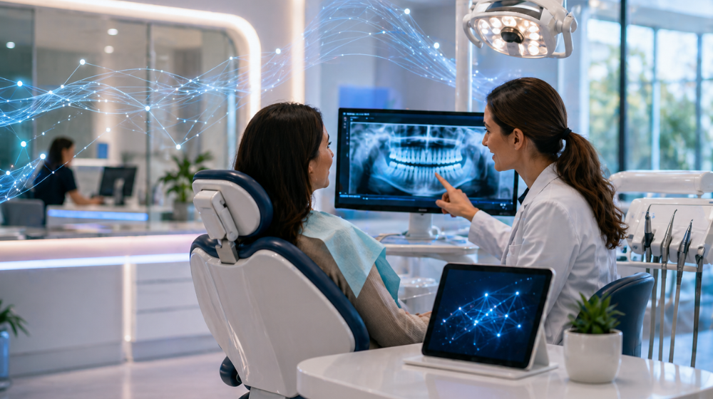 Dental Practice with Powerful AI Technology. Doctor showing Patient X-Rays on advanced system