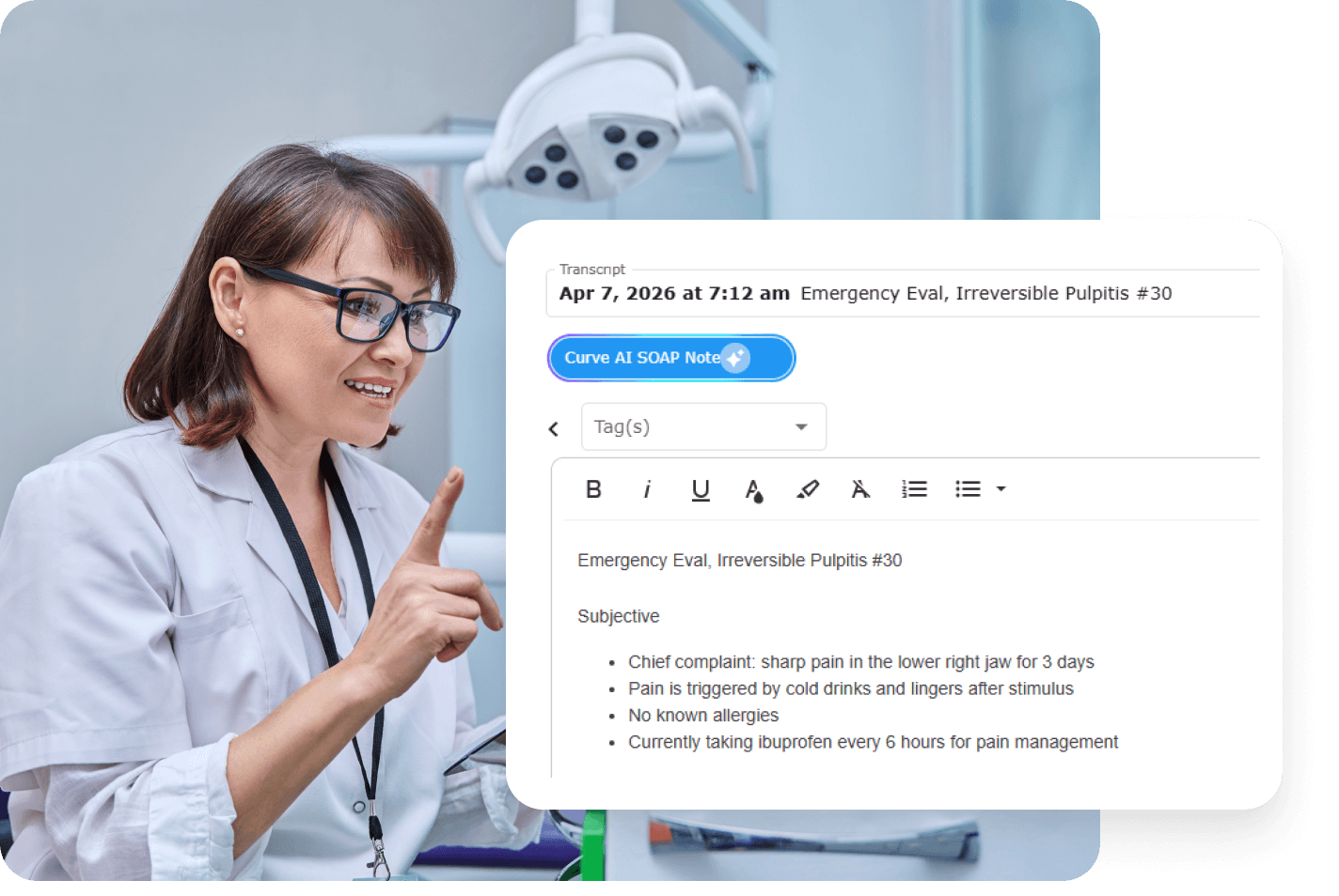 A dental provider speaking chairside while Curve FLO Care Notes+ automatically generates a structured SOAP note in real time on screen