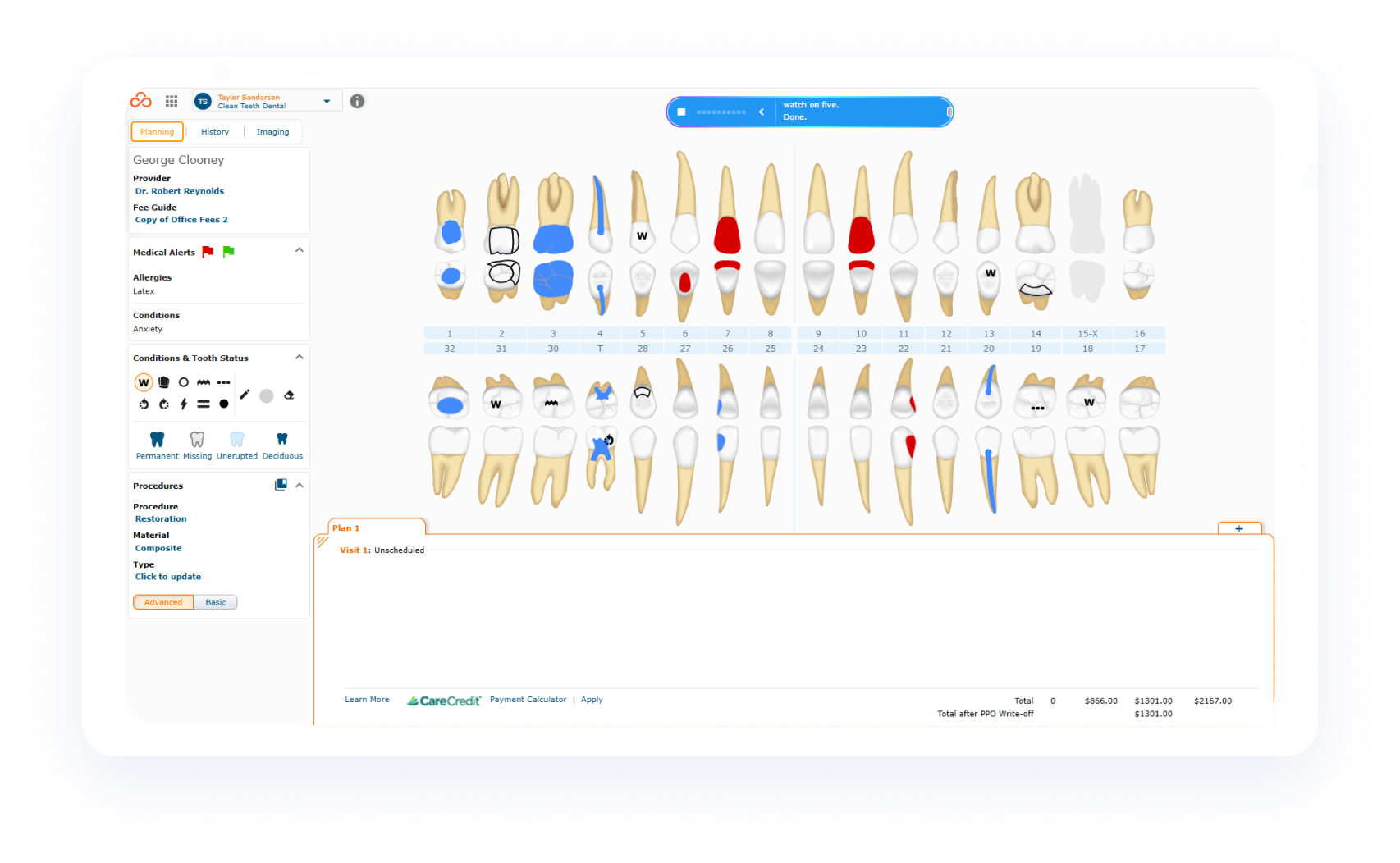 The Curve FLO Care Charting+ odontogram being populated hands-free in real time using ambient AI voice input during a dental exam