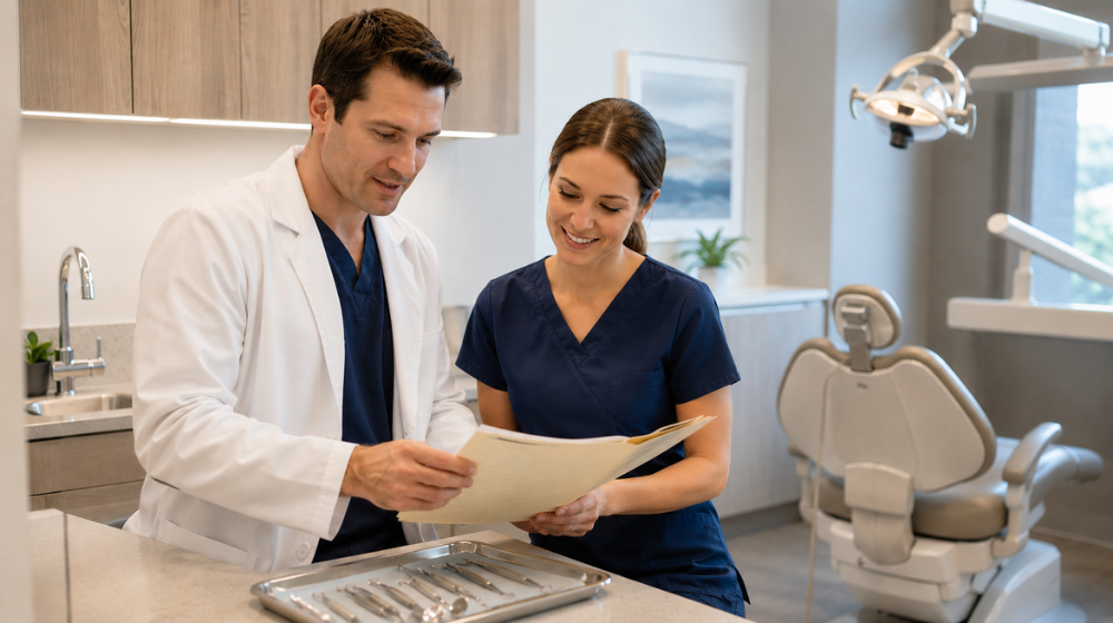 Dentist and hygienist reviewing patient evaluation in bright dental office