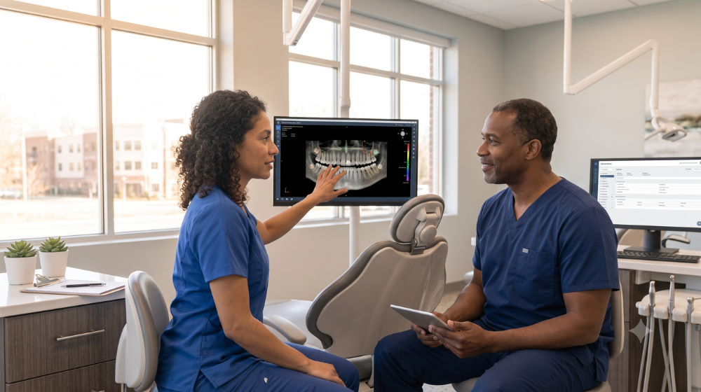 A dentist reviews digital X-rays on a monitor with a patient during a treatment consultation.
