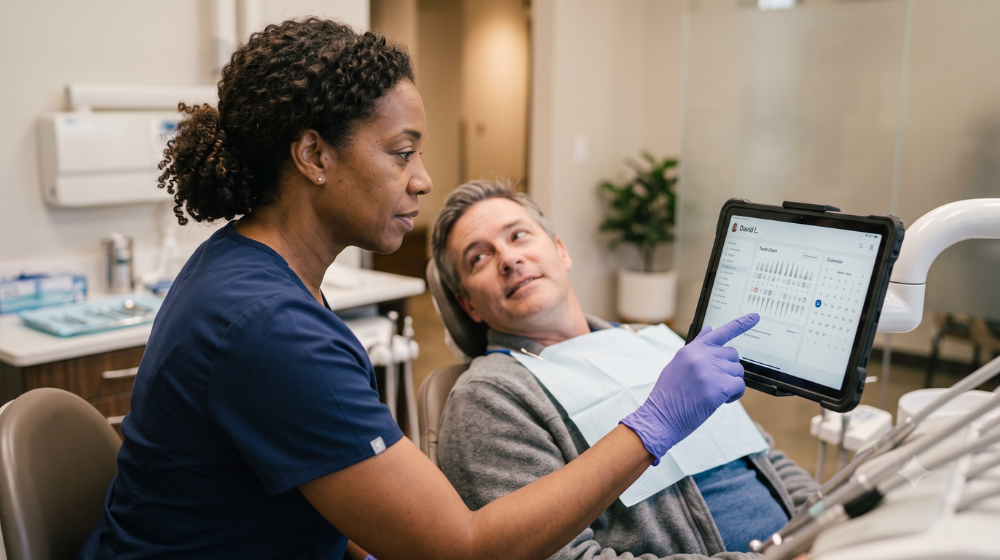 Hygienist reviewing a patient chart on a chairside tablet during a dental appointment, operatory in background.