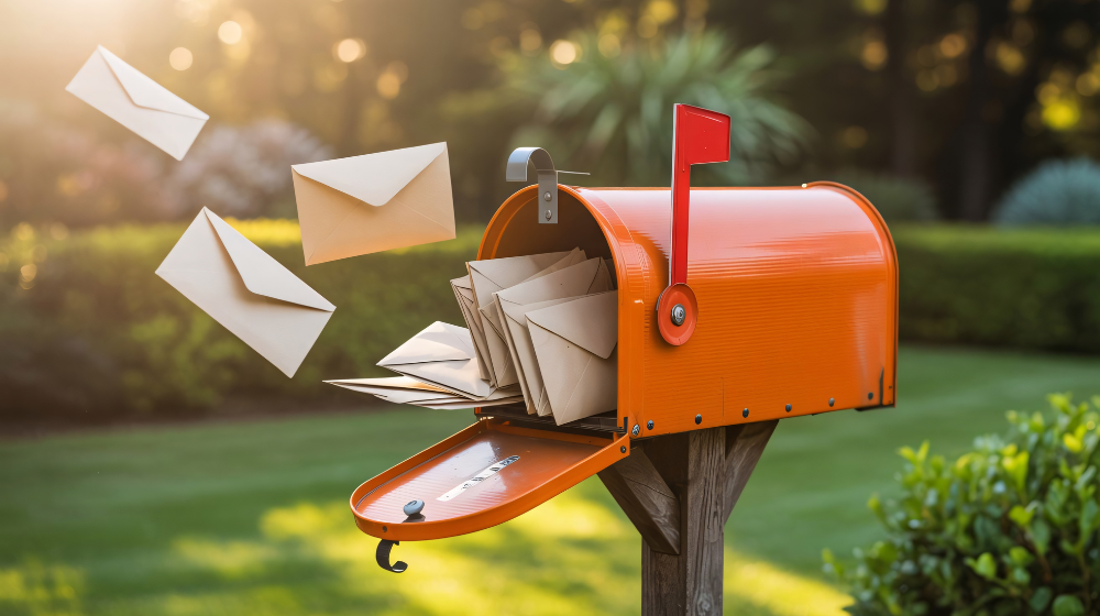 Orange mailbox with mail flowing in demonstrating direct mail marketing for dental practices