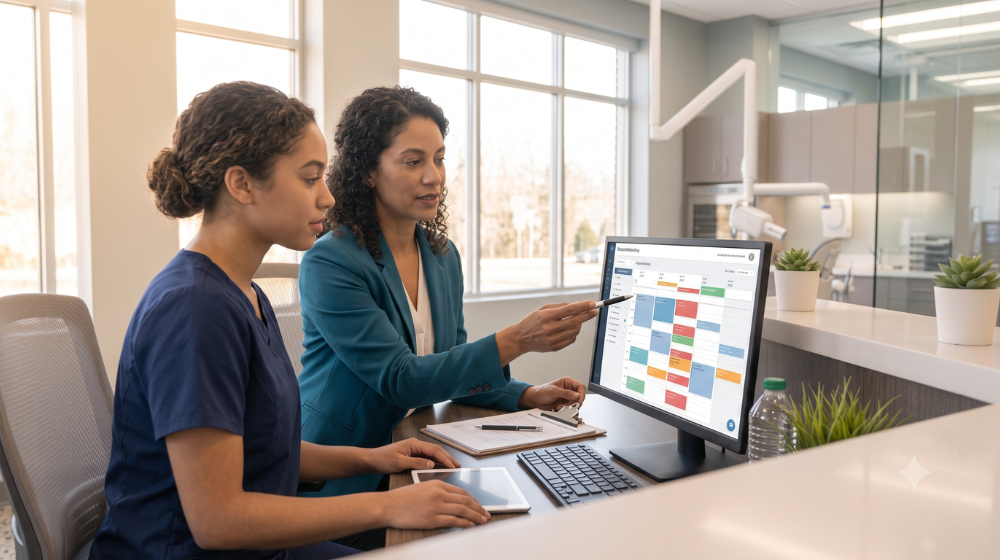 hygienist and dental office manager reviewing schedule on desktop
