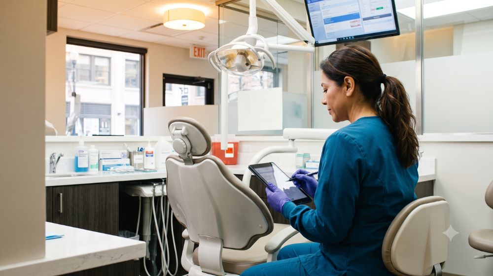 Dental hygienist reviewing patient chart on tablet in organized operatory before appointment begins