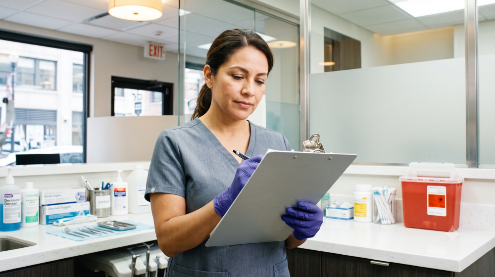 Dental team member in clinical scrubs reviewing a compliance checklist at a dental operatory counter.