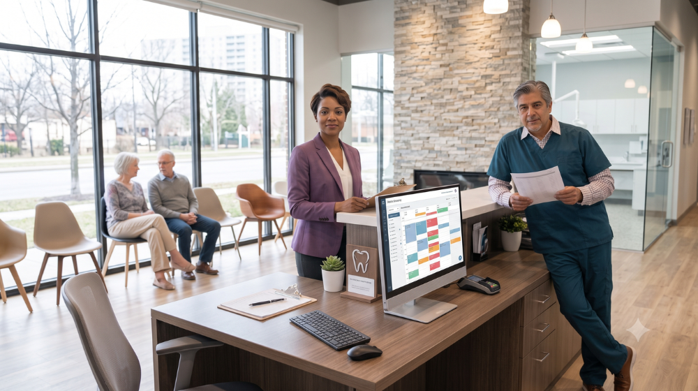 Front-desk team member reviewing morning schedule at a modern dental practice reception desk