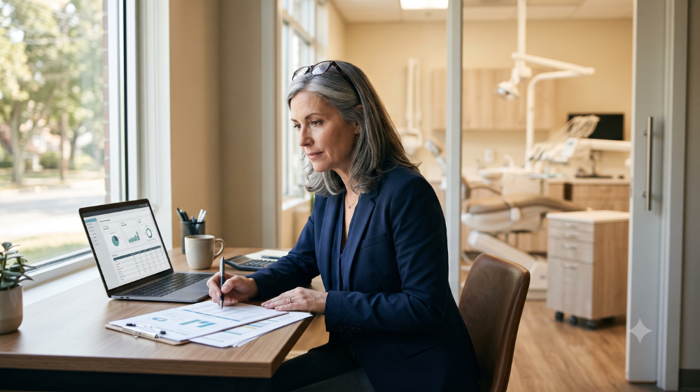 Dental office manager reviewing practice financial reports at a desk with a laptop open in a modern dental office. 