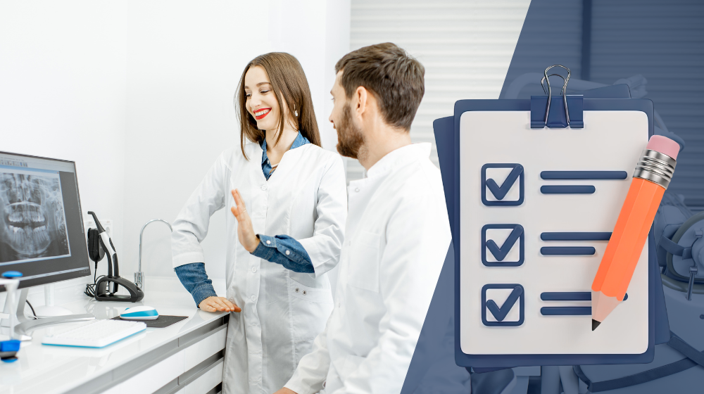 Two dentists looking at dental x-ray software on desktop on the left with a checklist on the right