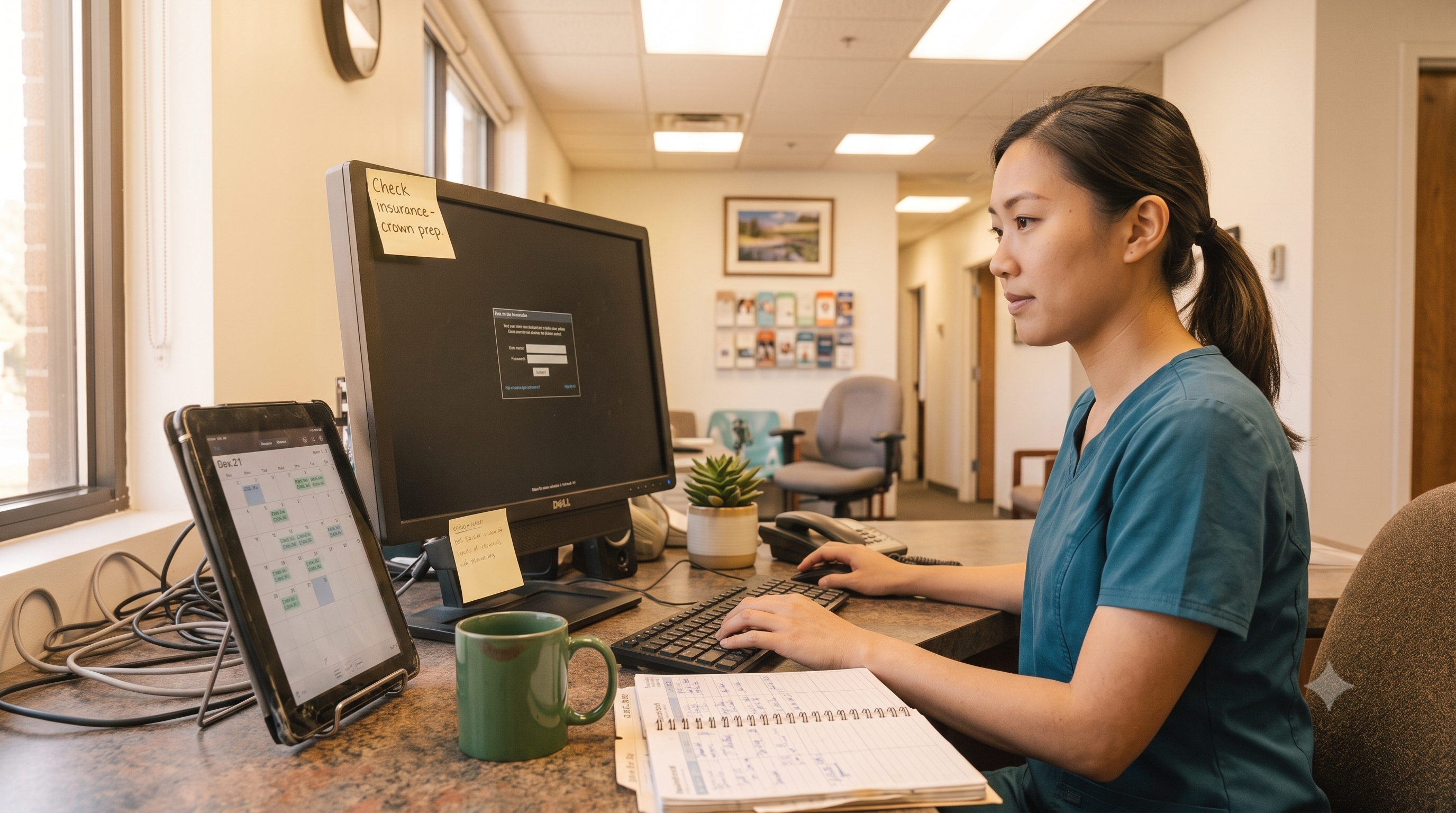 Front desk coordinator reviewing a tablet at a cluttered dental office reception desk with mixed fluorescent and window lighting.