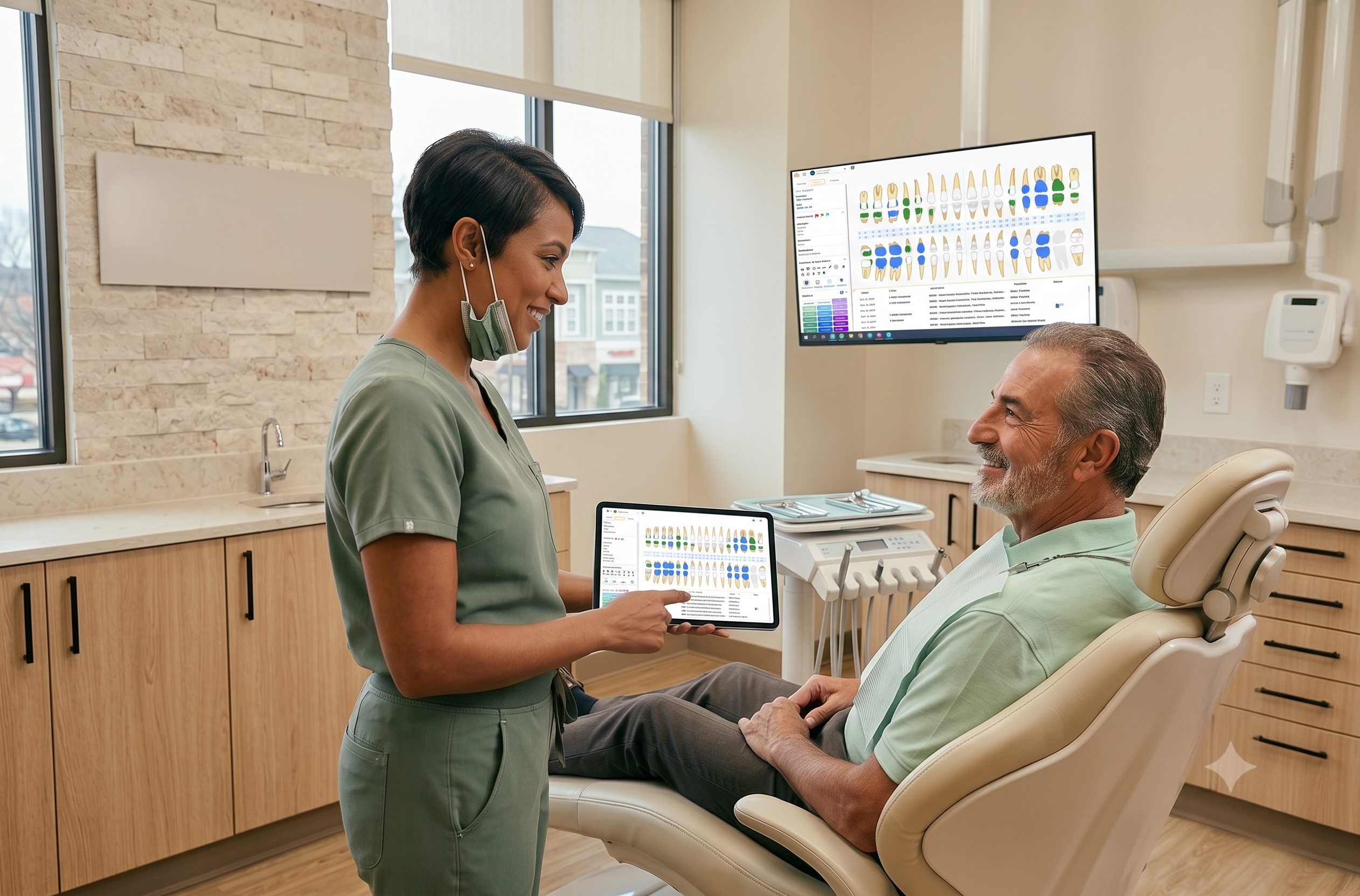 A smiling dental professional holds a tablet and points to a digital chart while talking with a patient seated in an exam chair.