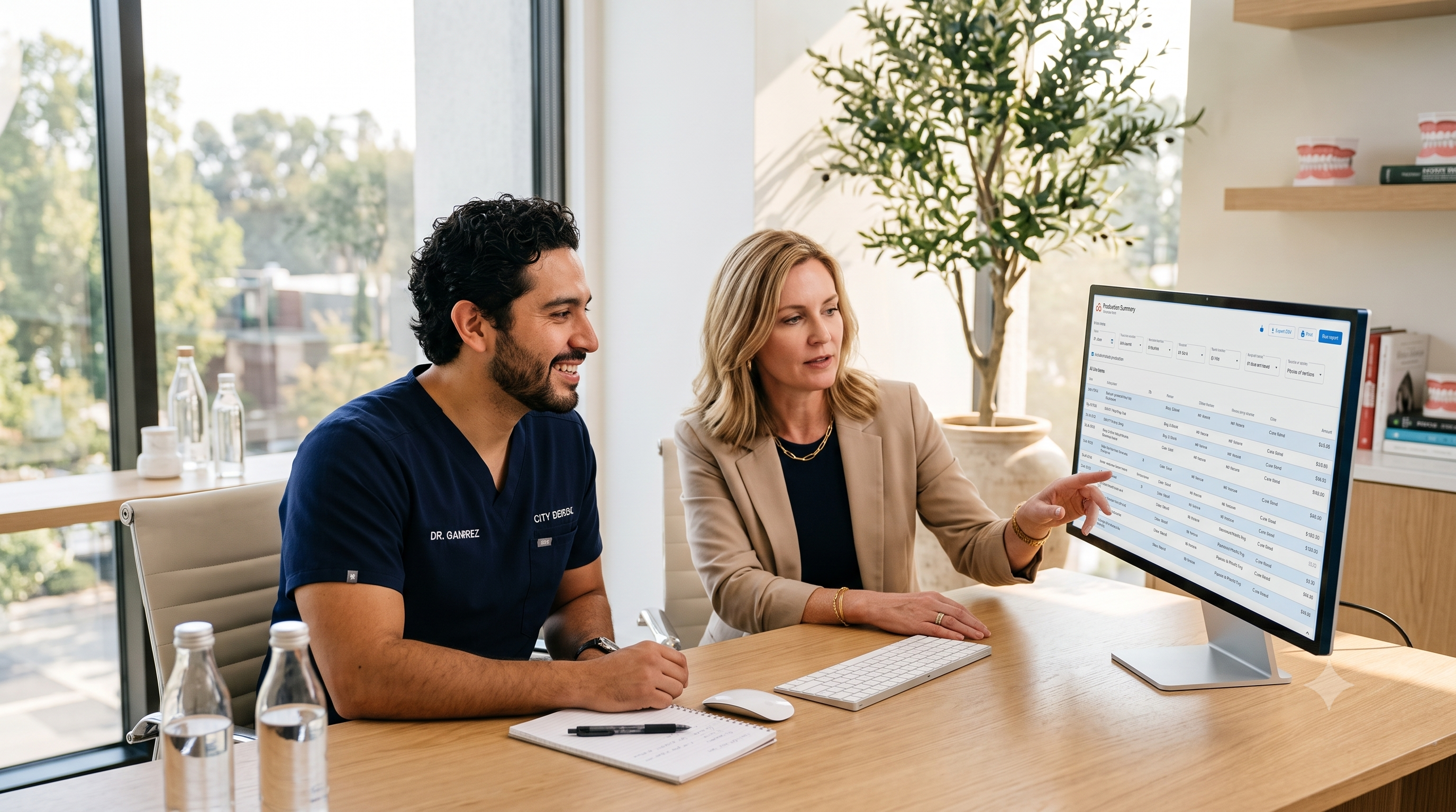 Dentist and consultant reviewing practice metrics on a computer monitor in a sunlit modern office.