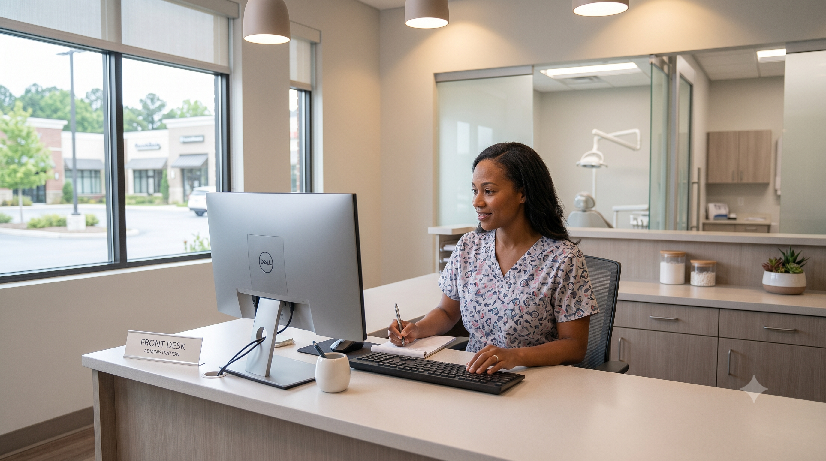 Dental office administrator reviewing practice performance data on a monitor at the front desk, warm lighting, modern clinic background.