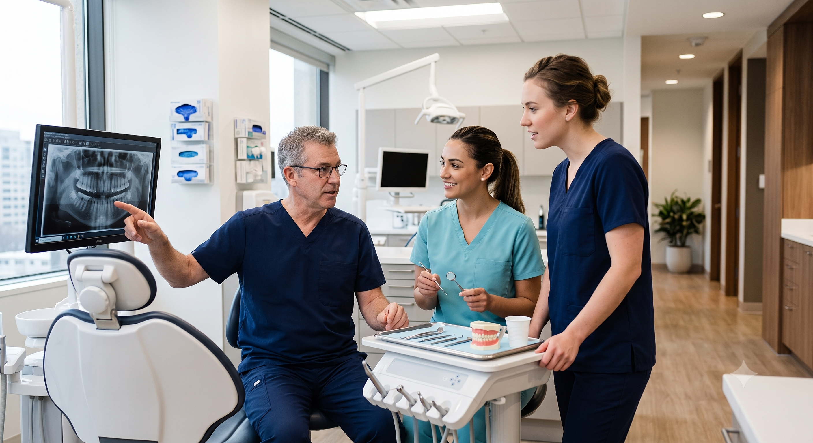 Two dentists and a hygienist reviewing digital X-ray imaging together in a modern dental office