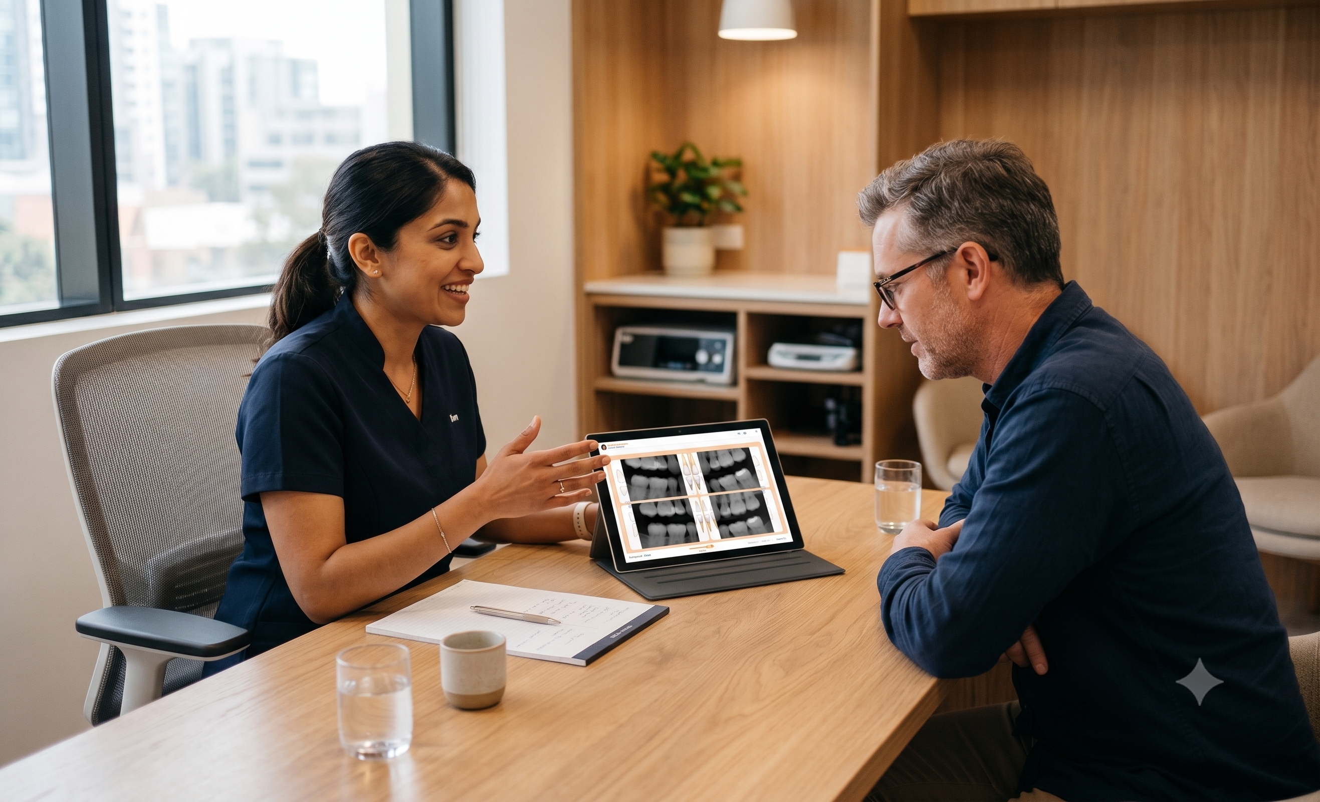 A dentist and patient seated across from each other at a consultation desk reviewing dental treatment plan in a warmly lit modern dental office