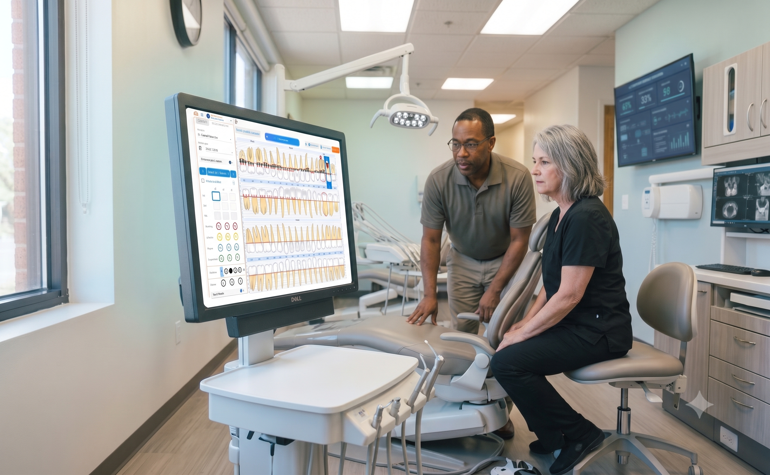 A dentist and patient reviewing a digital periodontal chart on a computer monitor inside a modern dental treatment room.