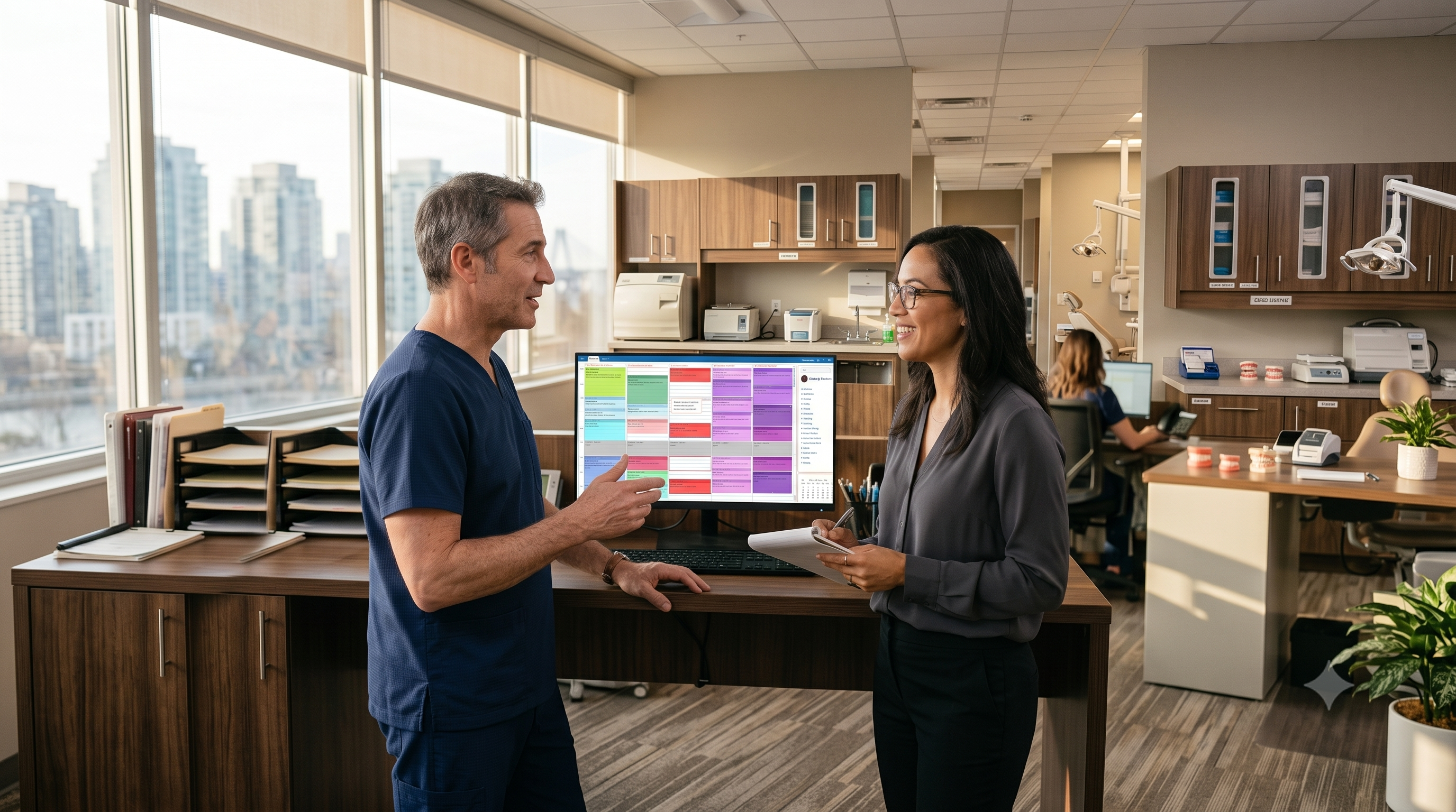 Dental practice owner and office manager discussing multi-location practice management software and scheduling on a desktop monitor