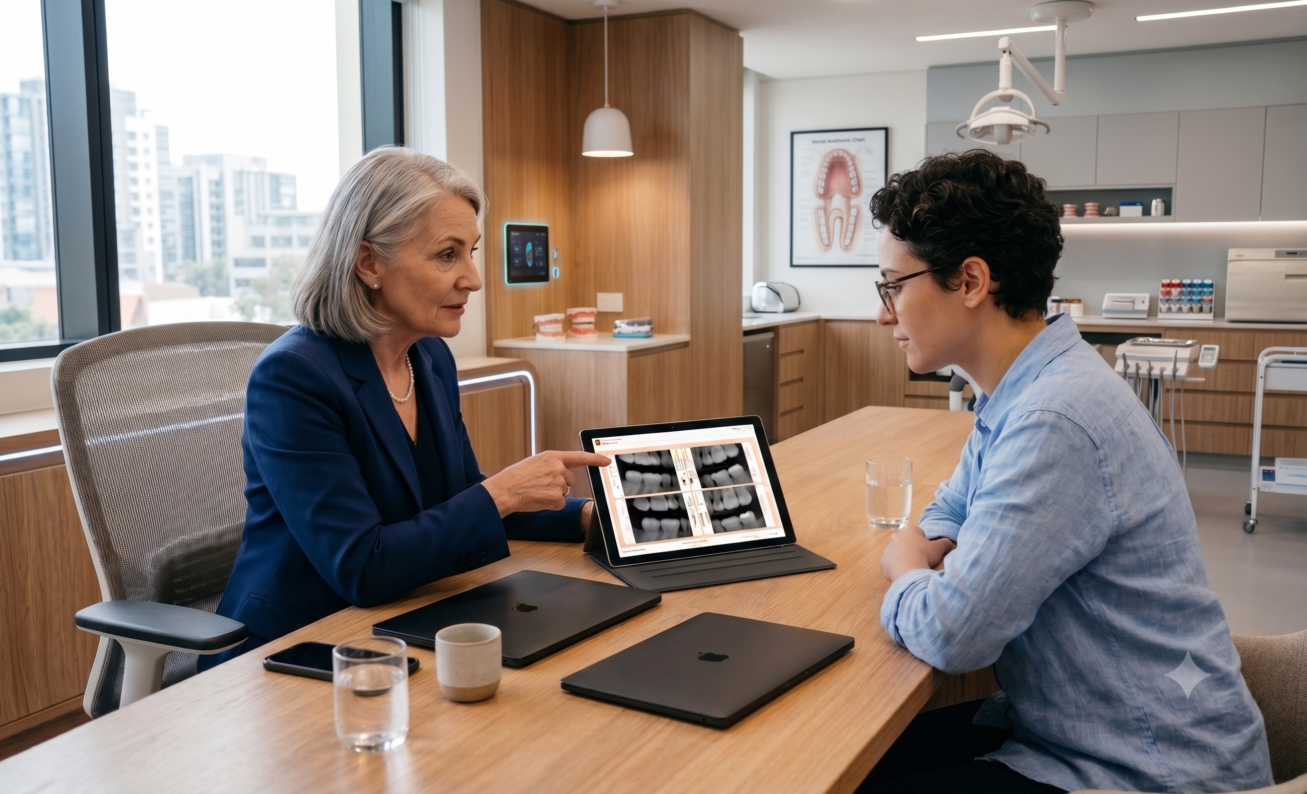 A dentist explaining dental X-ray imaging on a tablet to a patient during a consultation in a modern dental office.